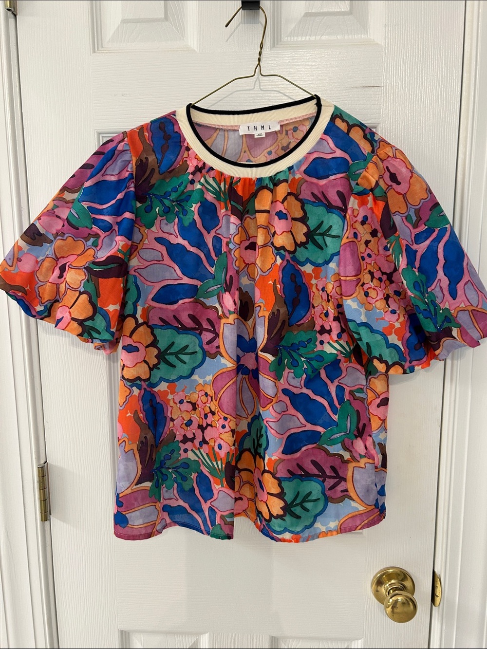 THML Bright Floral Puff-Sleeve Blouse in Pink, Blue & Green